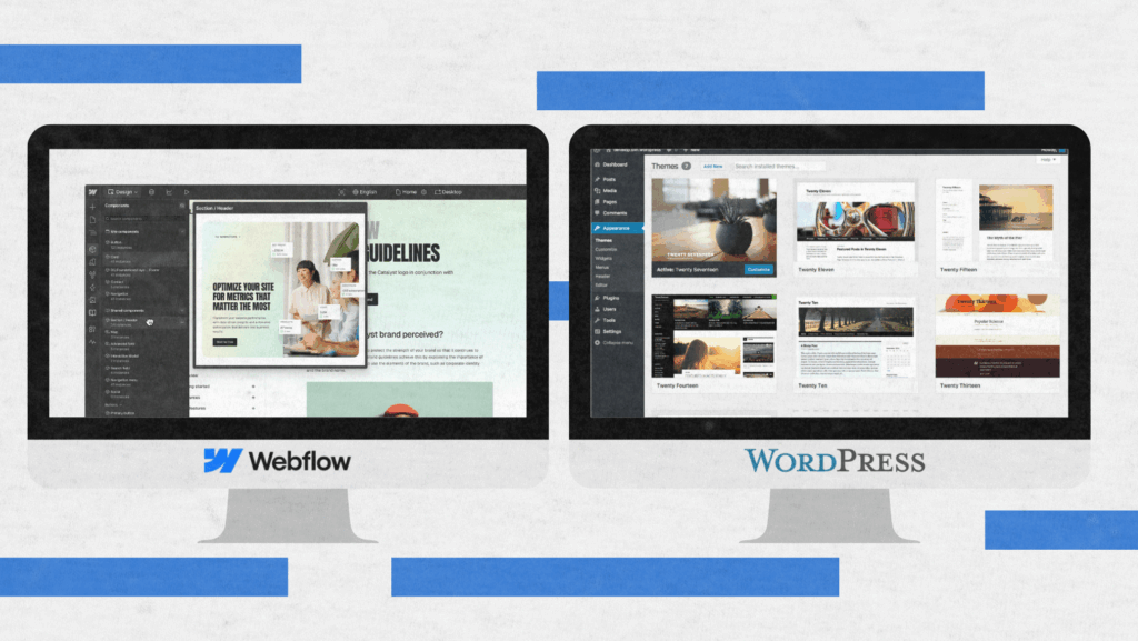 Two computer monitors side by side display the dashboards of Webflow (left) and WordPress (right), each showing website editing interfaces, with their respective logos beneath each screen.