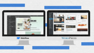 Two computer monitors side by side display the dashboards of Webflow (left) and WordPress (right), each showing website editing interfaces, with their respective logos beneath each screen.