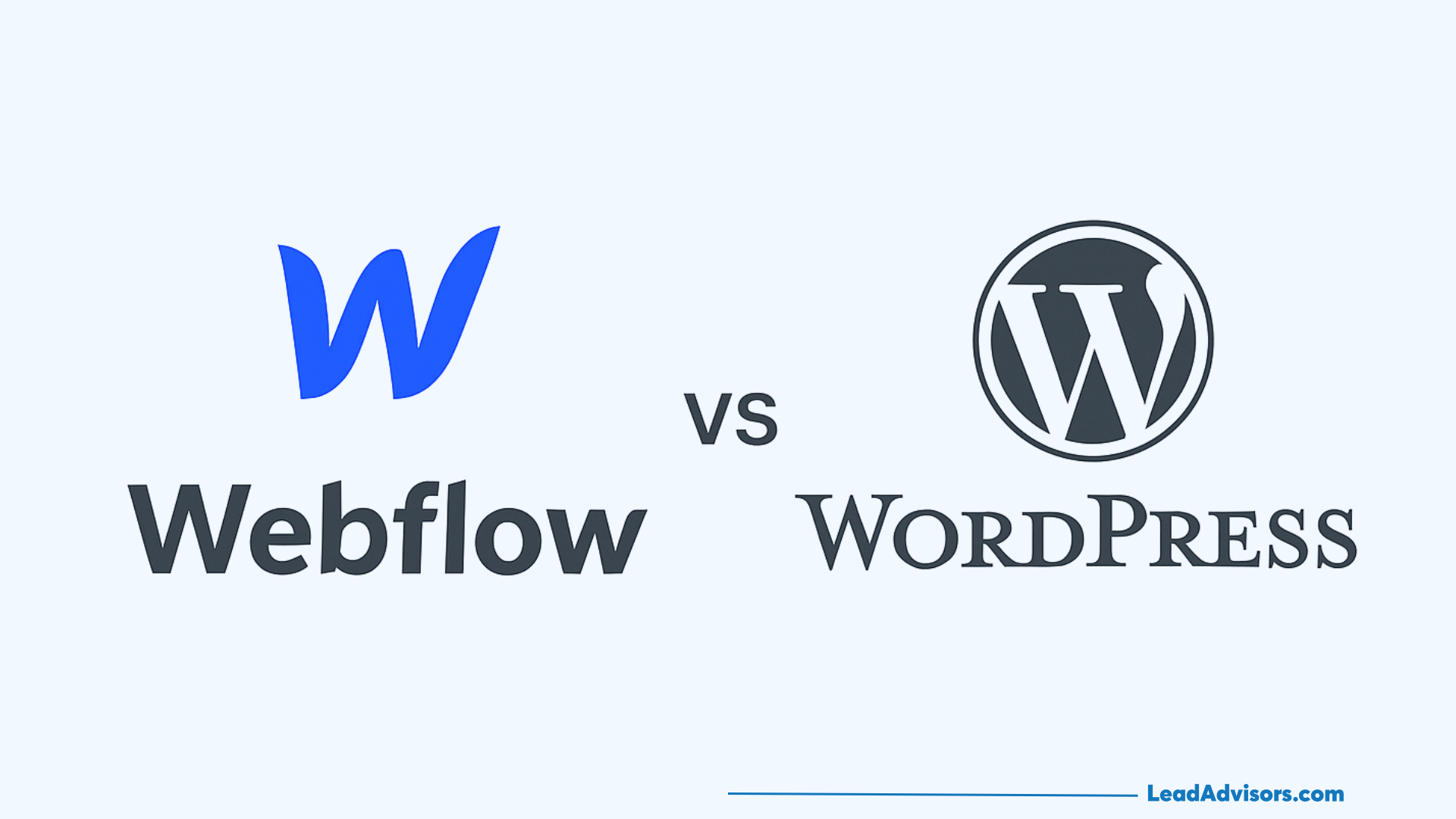 Webflow logo and text on the left, vs in the center, and WordPress logo with text on the right; comparison of Webflow and WordPress.