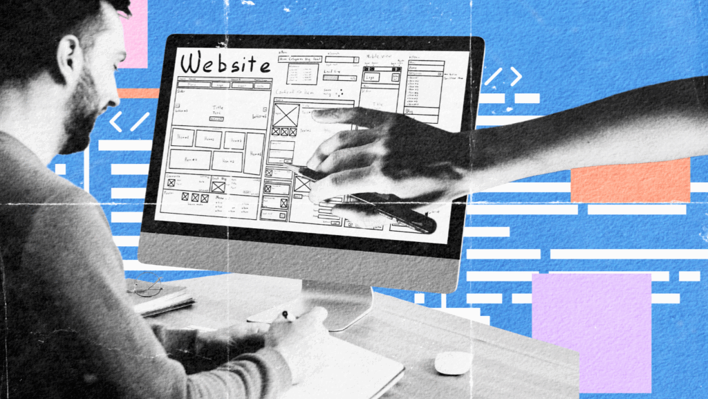 A person sits at a desk using a computer displaying a website wireframe design, while another hand points at the monitor. The background has code snippets and colorful geometric shapes.