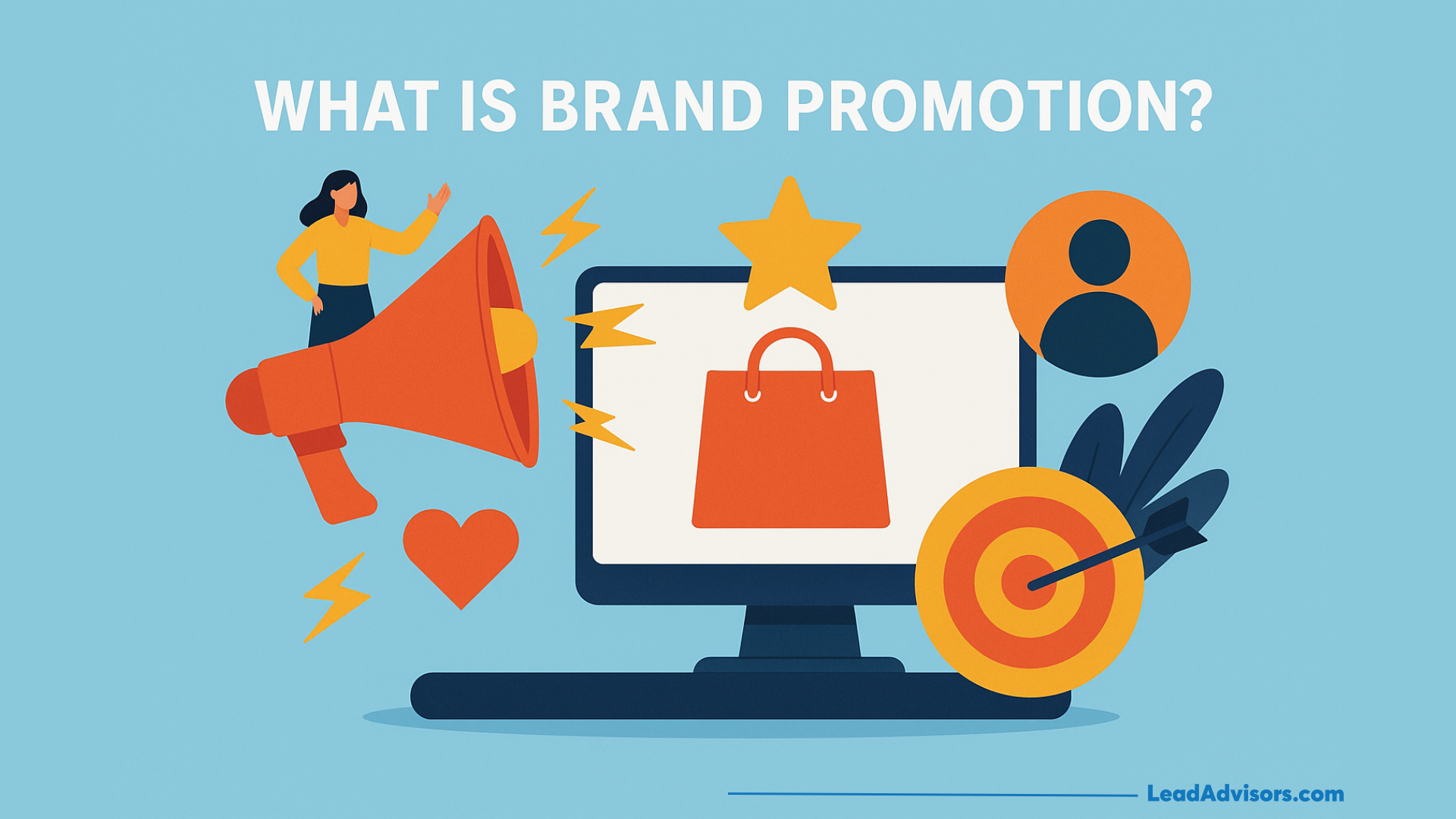 Illustration of a woman with a megaphone, a shopping bag on a computer screen, a heart, star, user icon, and target with arrows. Text reads What is Brand Promotion? Perfect for explaining brand promotion visually.