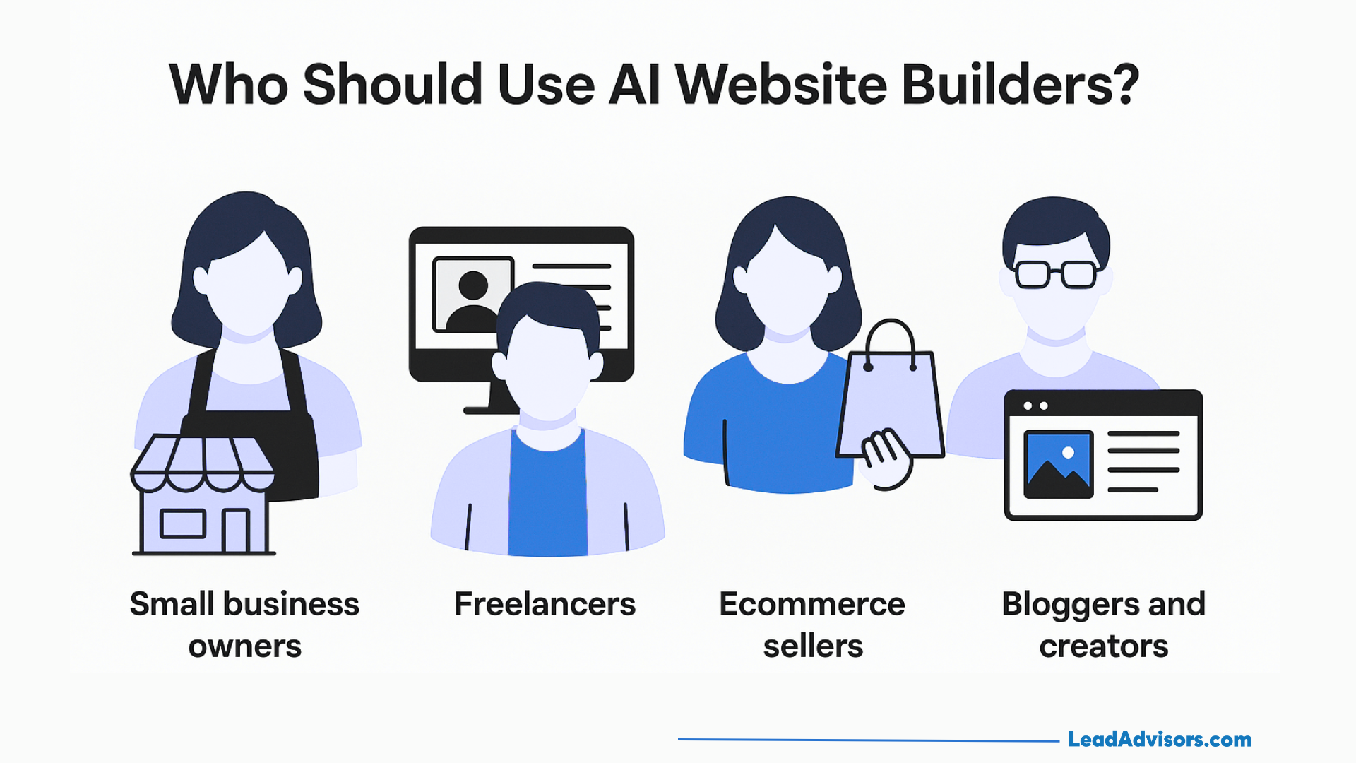 Illustration showing four groups who can use AI website builders: small business owners, freelancers, ecommerce sellers, and bloggers/creators, each represented by a cartoon-style icon and label.