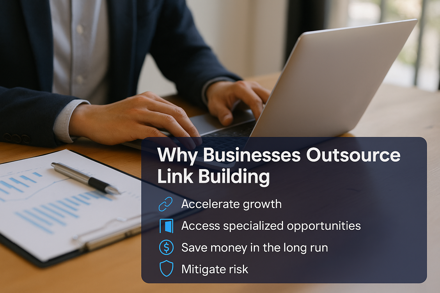 A person in business attire types on a laptop at a wooden desk with documents. Text overlay lists reasons to outsource link building: accelerate growth, access specialized opportunities, save money, and mitigate risk.