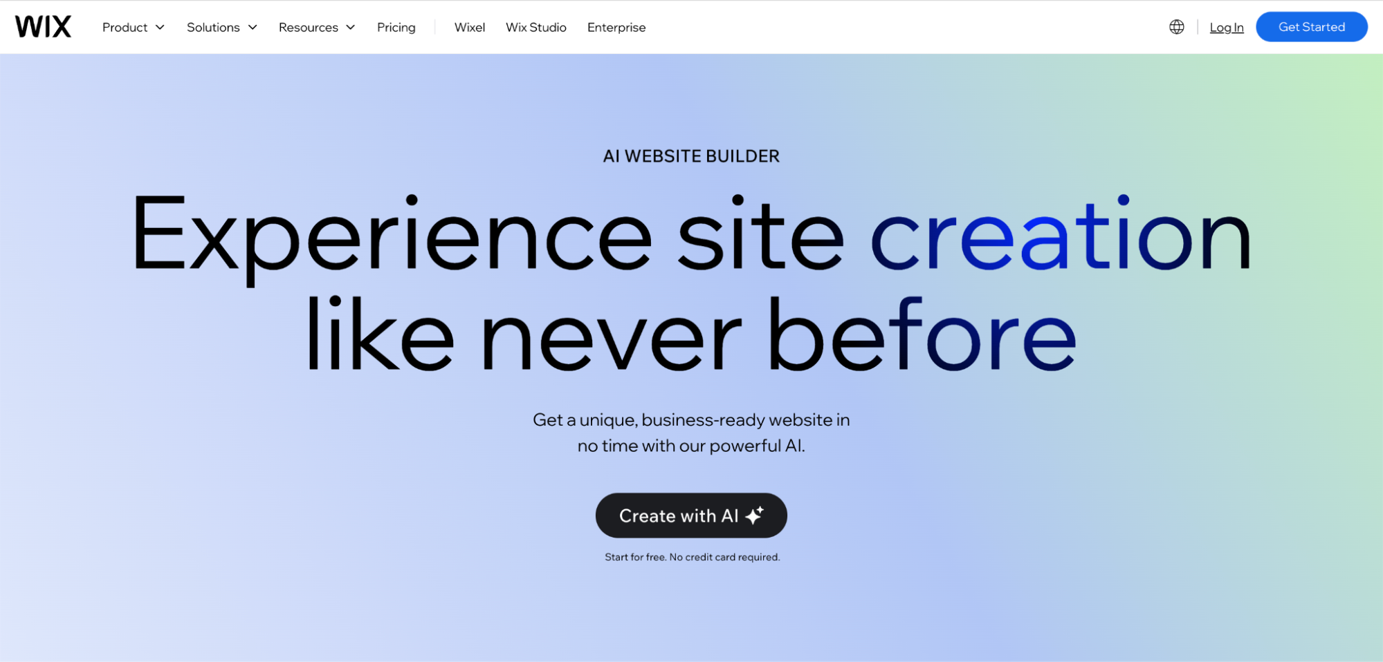 Screenshot of Wixs homepage with the headline Experience site creation like never before promoting their AI website builder. A Create with AI button is centered below the text on a gradient background.