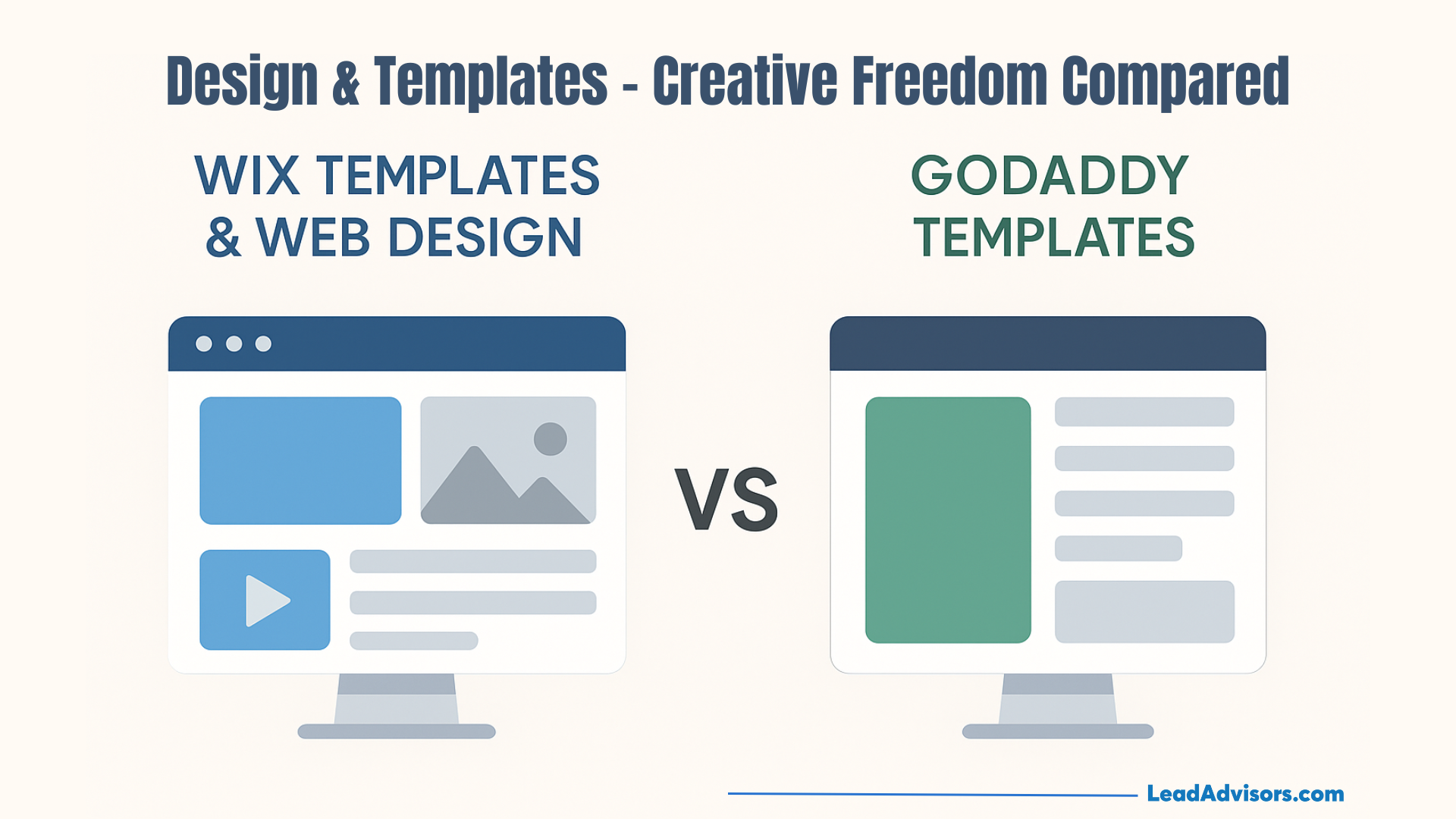 Comparison graphic showing two computer screens. The left screen represents Wix Templates & Web Design with blue/gray layout, while the right screen represents GoDaddy Templates in green/gray. Title: Design & Templates - Creative Freedom Compared.