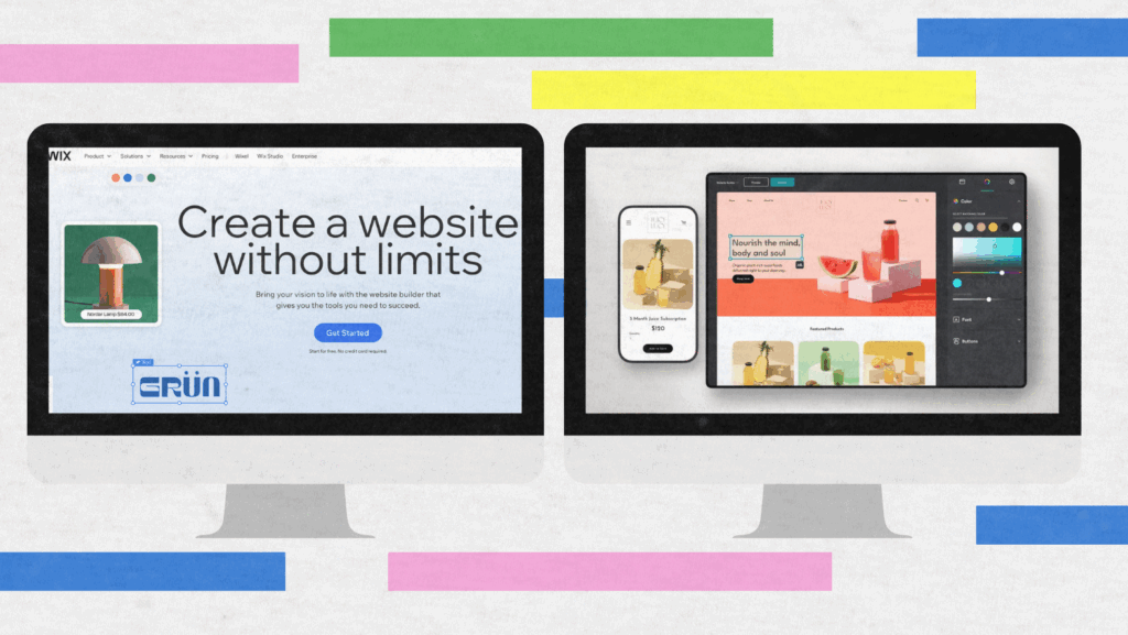 Two computer monitors display website creation screens. The left shows a Wix welcome page with Create a website without limits. The right shows a design editor with a fruit-themed website preview. Colored bars decorate the background.