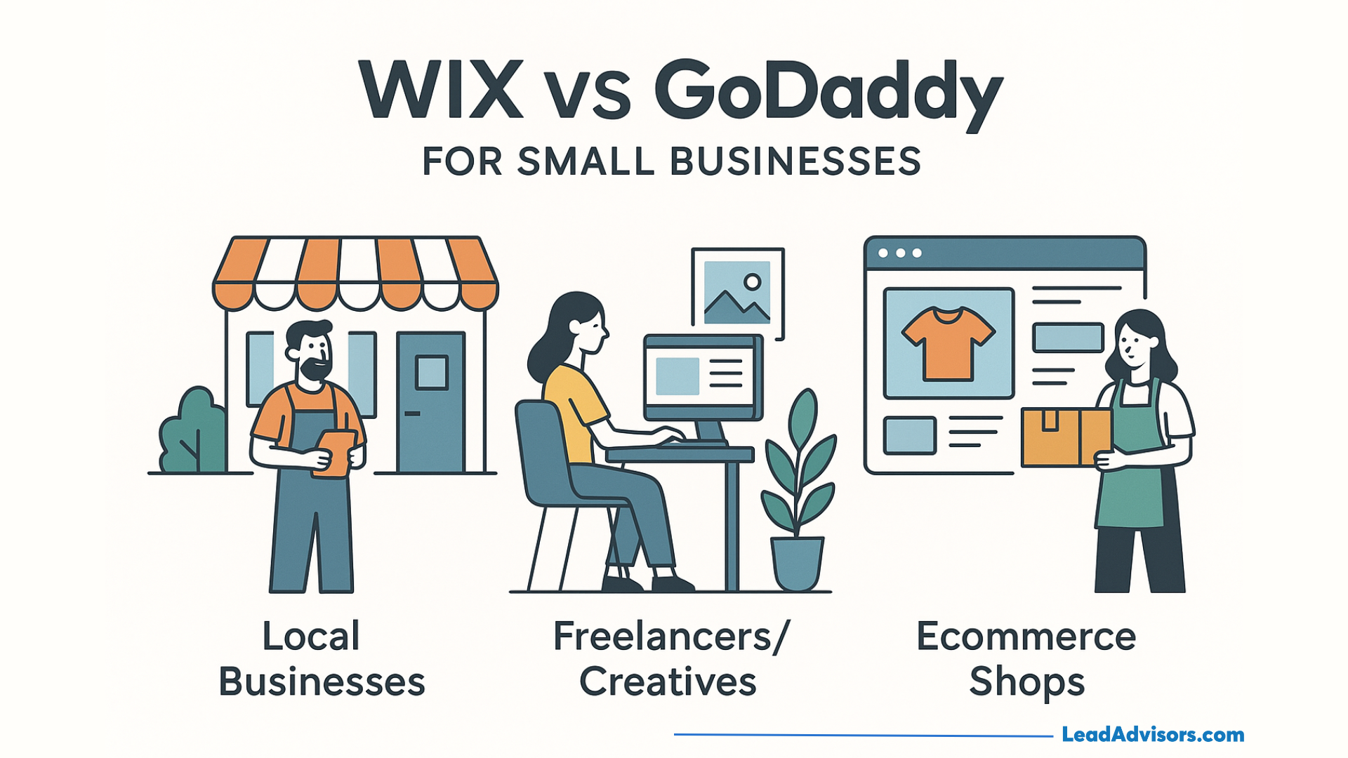 Illustration comparing WIX and GoDaddy for small businesses, showing a man at a shop (Local Businesses), a woman at a computer (Freelancers/Creatives), and a woman with a package in front of an online store (Ecommerce Shops).