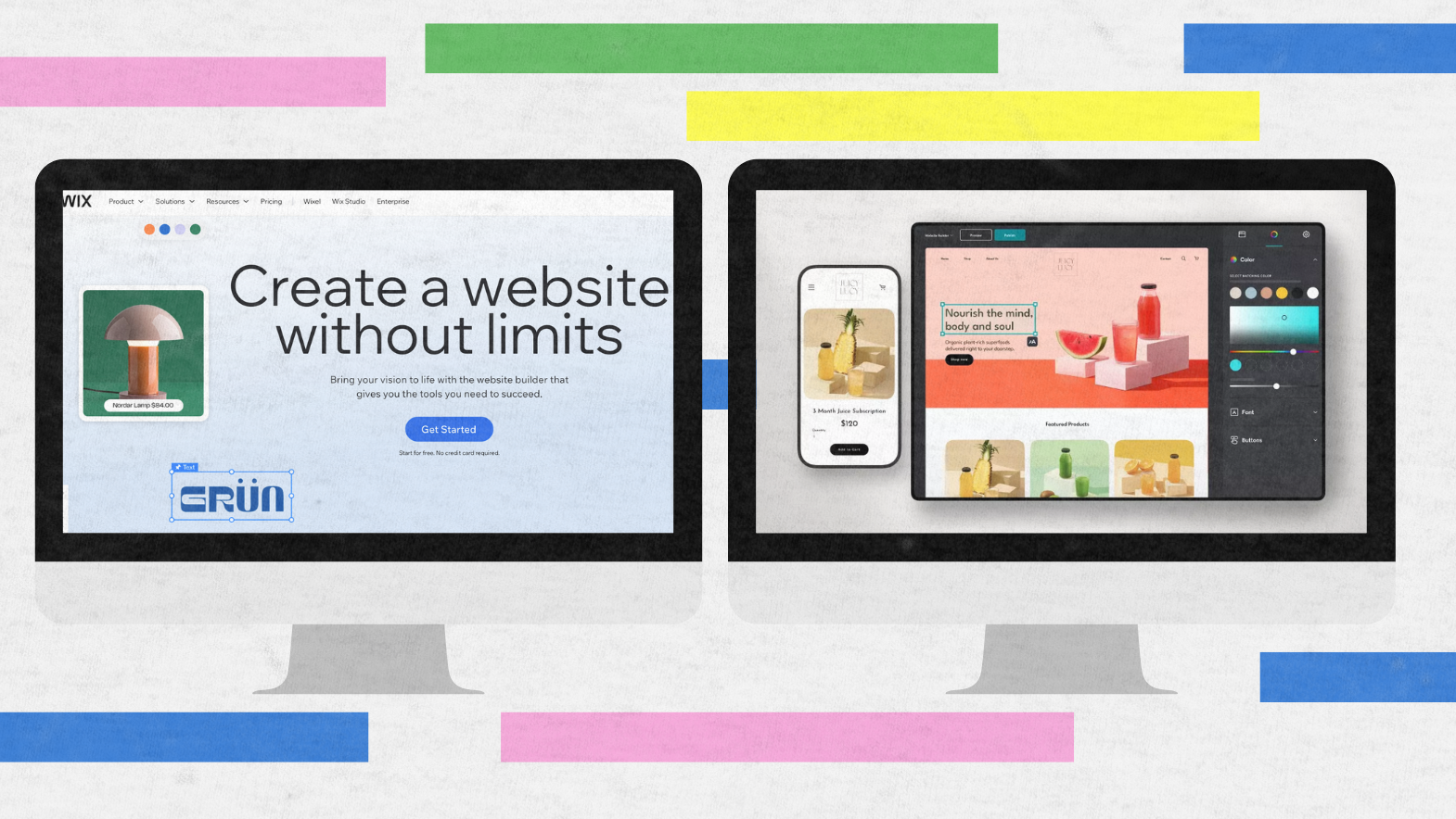 Two computer monitors display website creation screens. The left shows a Wix welcome page with Create a website without limits. The right shows a design editor with a fruit-themed website preview. Colored bars decorate the background.