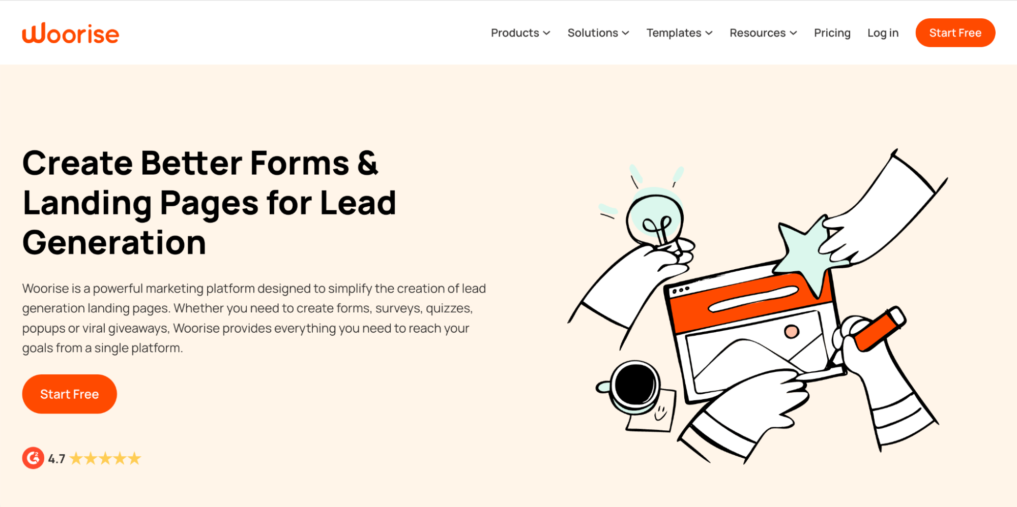 A website homepage for Woorise features a headline about creating forms and landing pages for lead generation—making it a standout among Linktree alternatives—an orange Start Free button, a 4.7-star rating, and an illustration of hands designing a webpage.