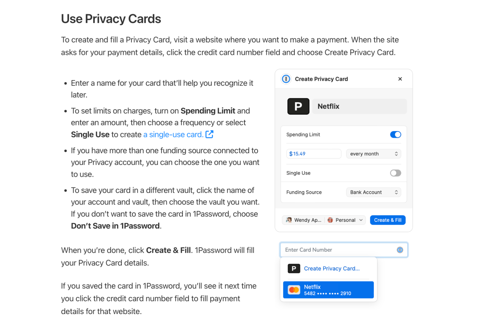 1Password Privacy Cards interface showing how users can create virtual cards, set spending limits, and autofill secure payment details online.