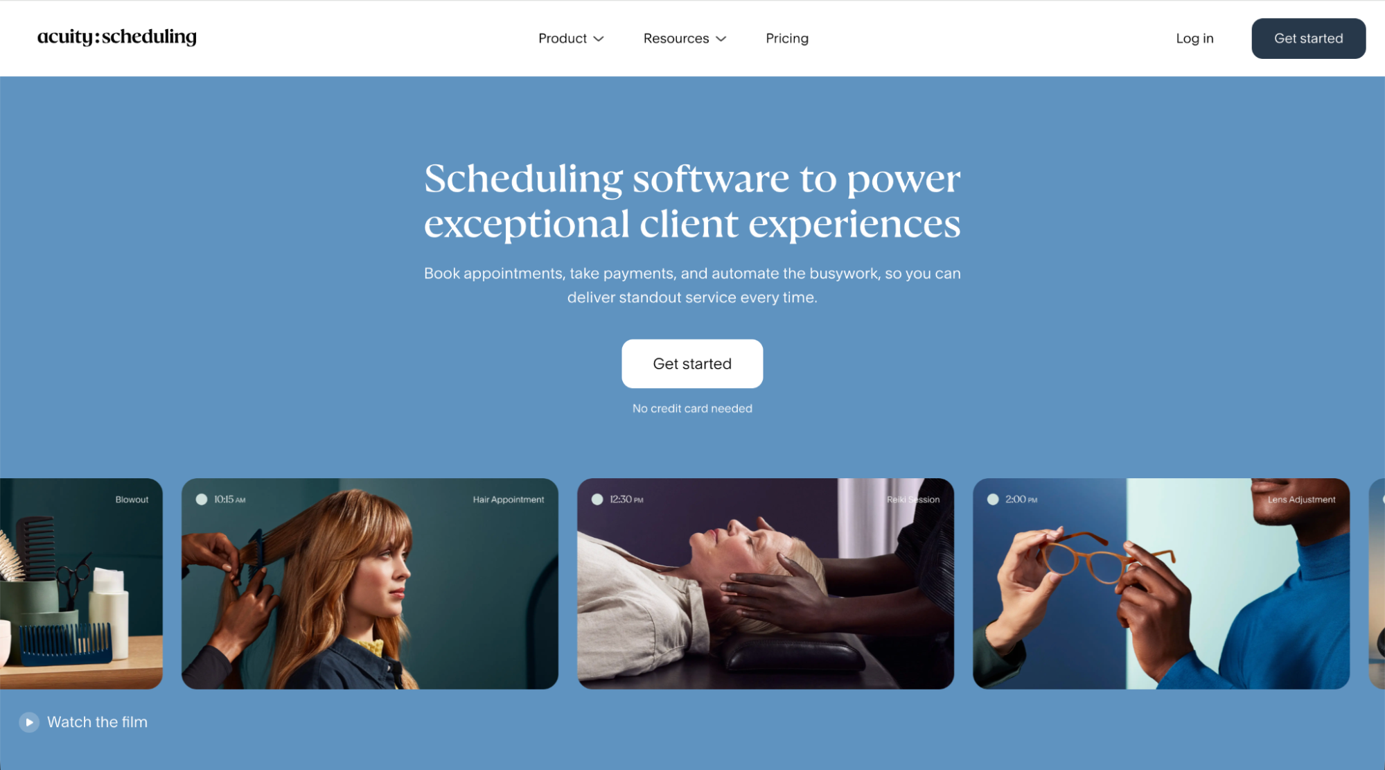 Acuity Scheduling homepage showing automated appointment booking, payments, and client scheduling tools designed to streamline service-based businesses.