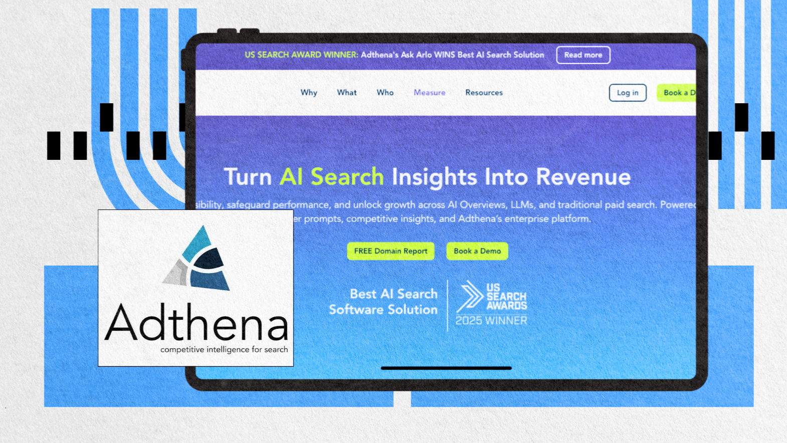 Adthena homepage hero with the headline “Turn AI Search Insights Into Revenue.” Includes CTAs for “Free Domain Report” and “Book a Demo,” plus a US Search Awards winner badge.