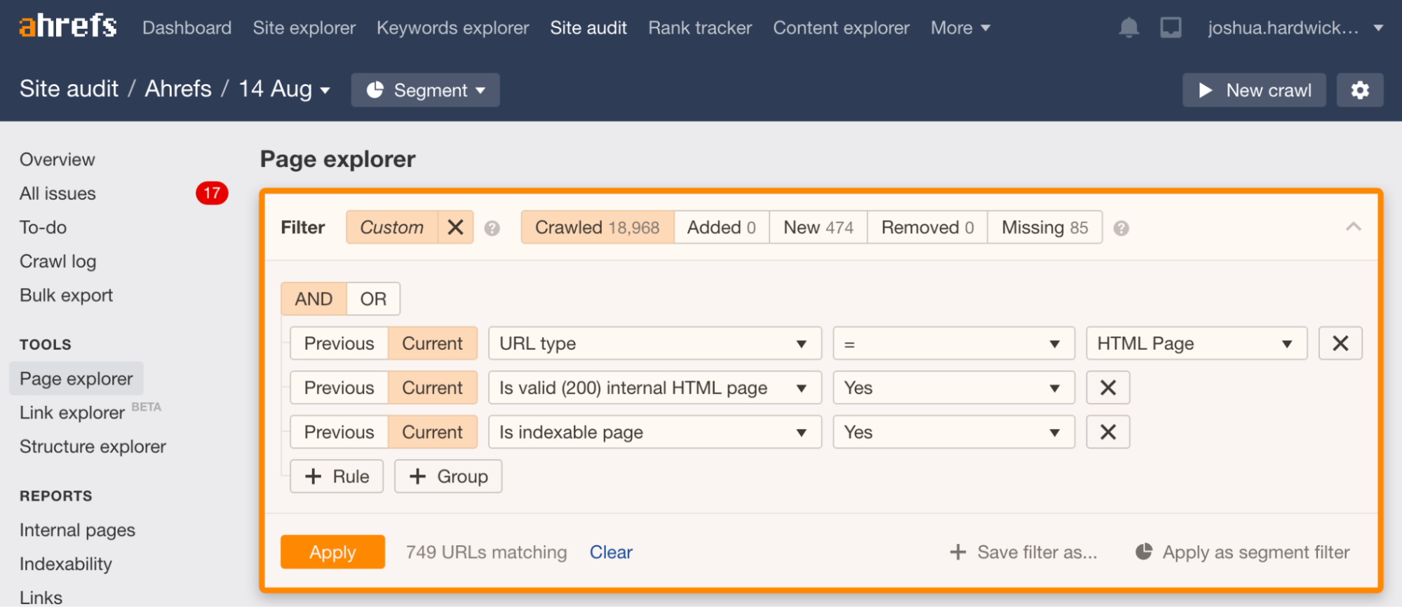 Ahrefs Page Explorer Custom Filter View