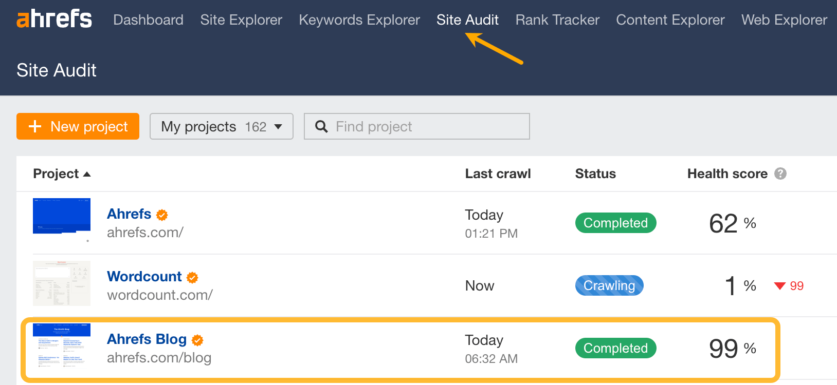 An Ahrefs dashboard listing multiple projects with their crawl status and site health scores.
