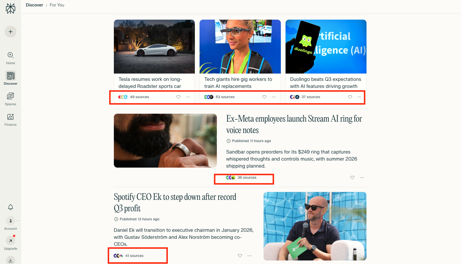 Dashboard interface showing AI citations from multiple platforms with article tiles and source counts, illustrating how often content is referenced by AI systems like ChatGPT and Gemini.