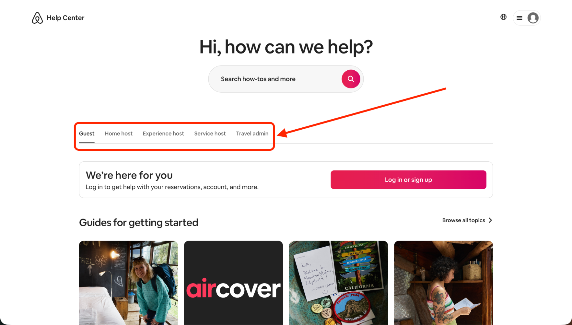 Airbnb Help Center page showing category tabs for guests, hosts, and travel admins above the search bar. Image displays navigation options used to browse support topics.