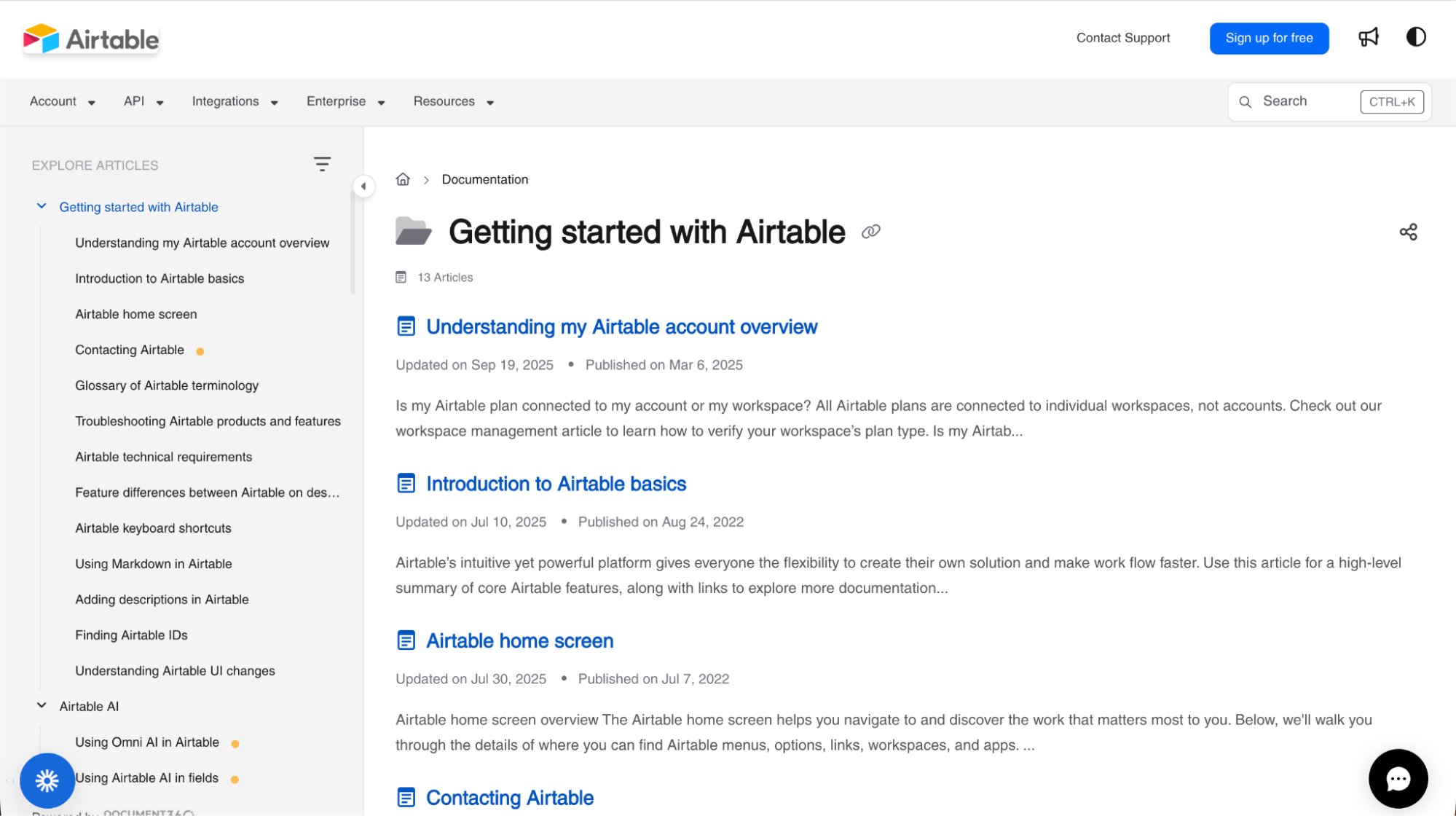 Airtable documentation page showing the ‘Getting started with Airtable’ guide and a sidebar listing basic tutorials and feature explanations.