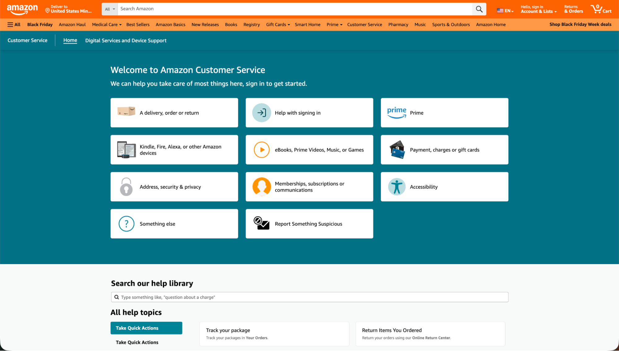 Amazon Customer Service page offering quick-access buttons for orders, returns, Prime membership, security, payments, and device support.