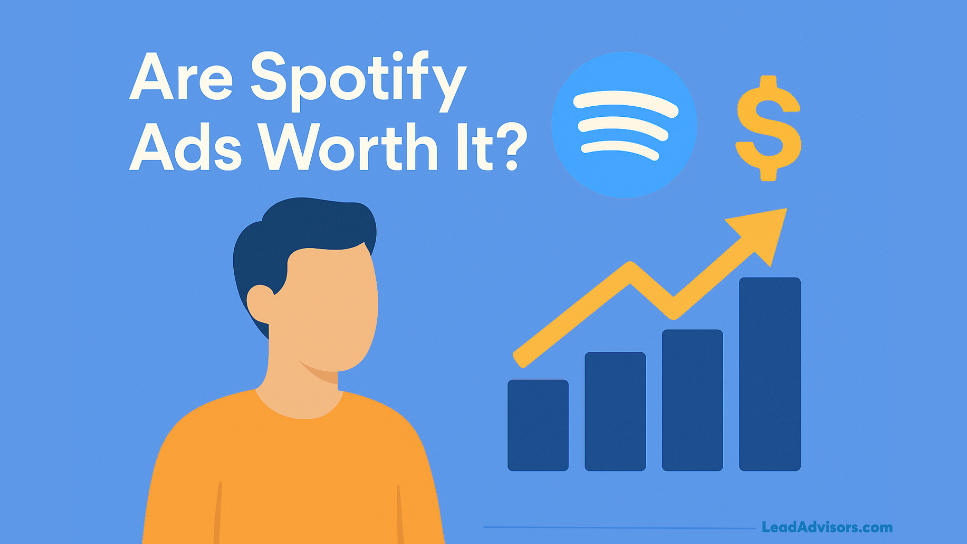 Illustration asking whether Spotify ads are worth it, showing brand growth and advertising ROI visuals.