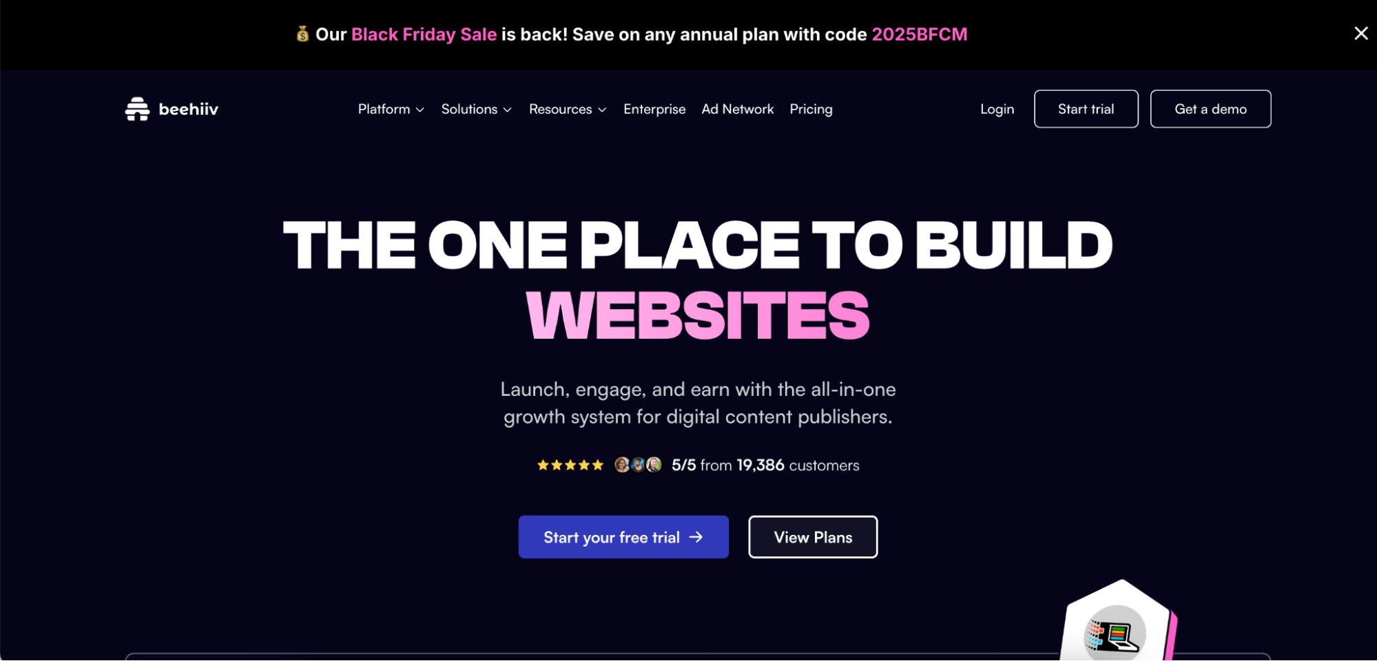 A screenshot of the Beehiv homepage promoting its platform for launching and managing digital content websites.