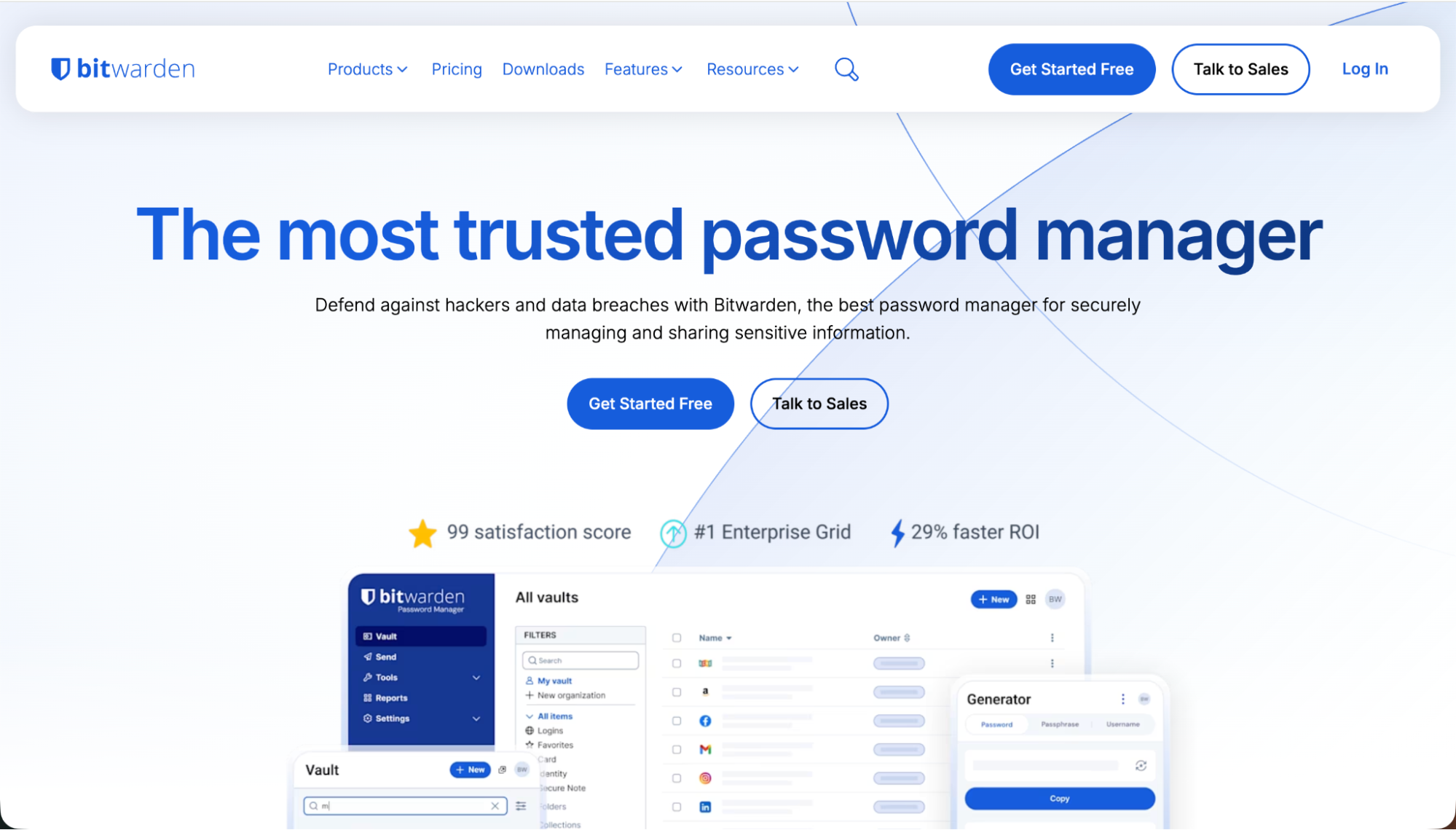 Bitwarden homepage showcasing its password manager with high trust scores, enterprise security tools, and a clean interface for managing sensitive information.