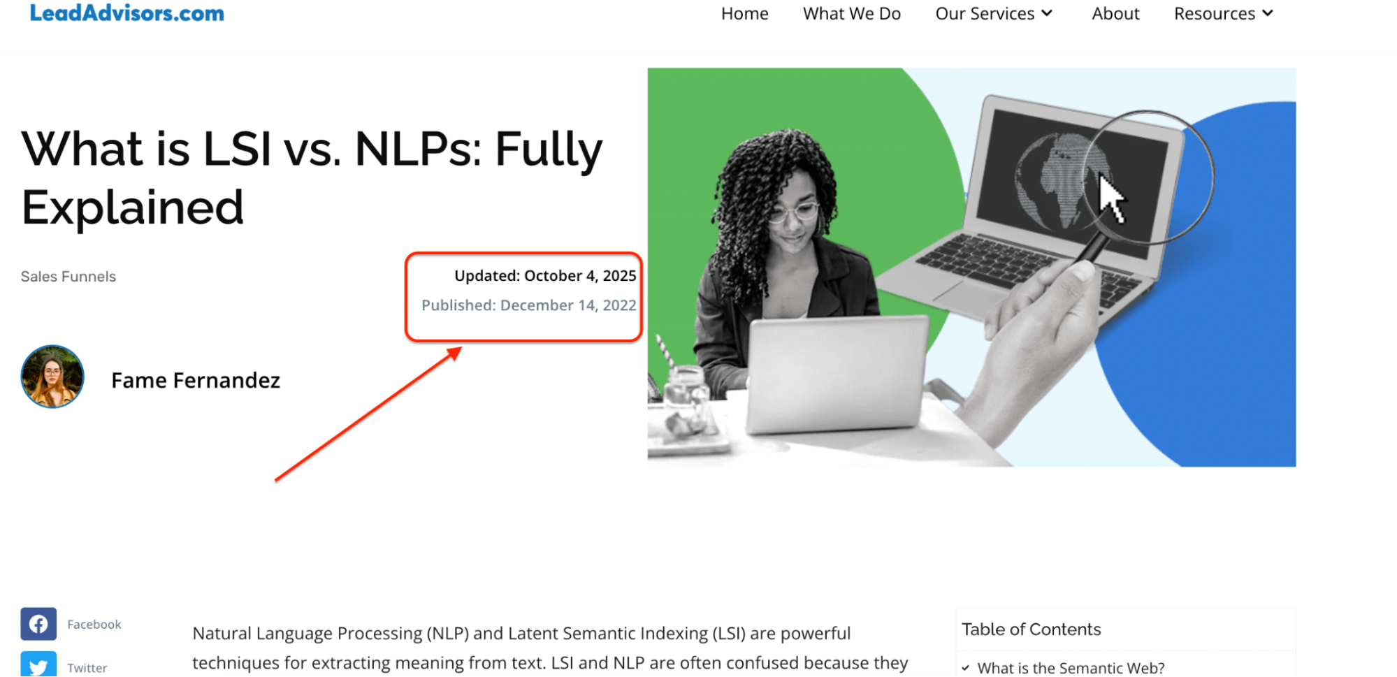 A webpage screenshot showing a blog post with visible “updated” and “published” dates for readers.