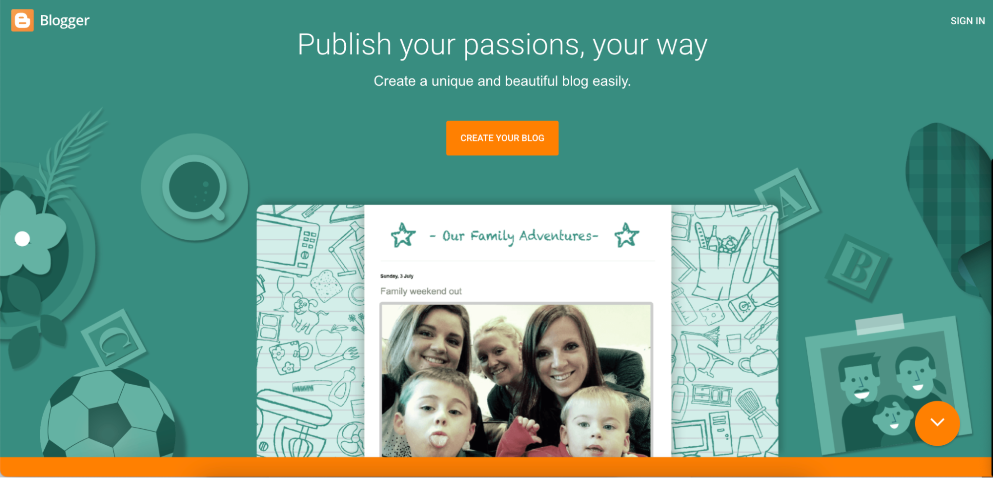 A screenshot of the Blogger homepage encouraging users to create and customize their own blog.