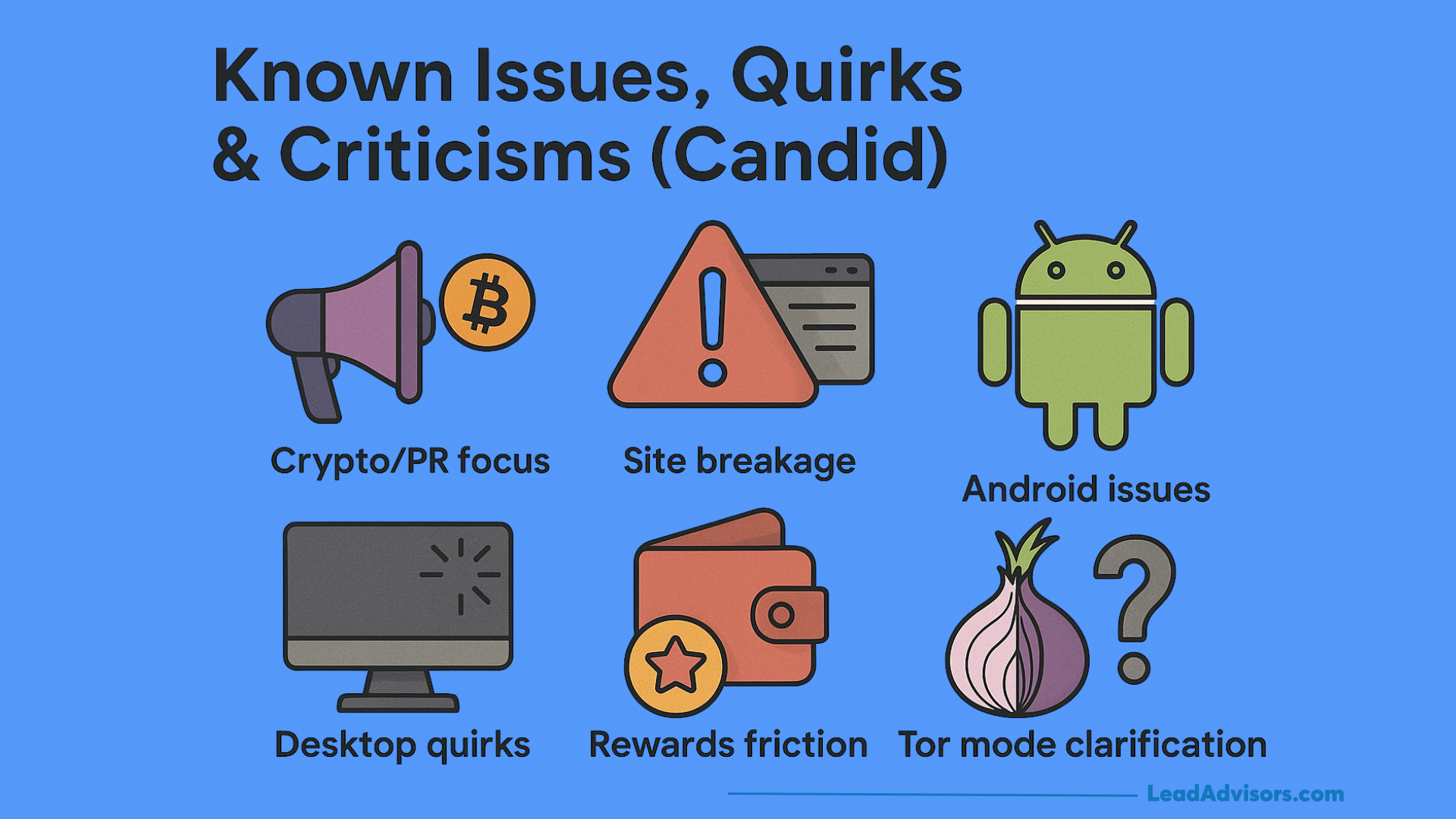 Infographic listing known Brave browser issues such as crypto focus, site breakage, Android bugs, and rewards friction.
