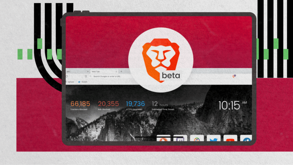 Brave browser beta dashboard highlighting ad-blocking metrics and privacy performance.