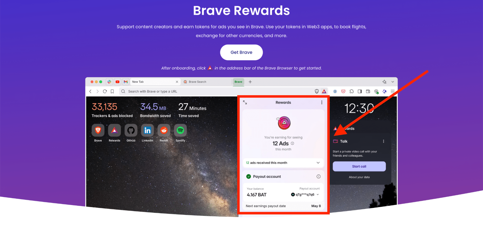 Brave Rewards dashboard showing BAT earnings and ad tracking stats.
