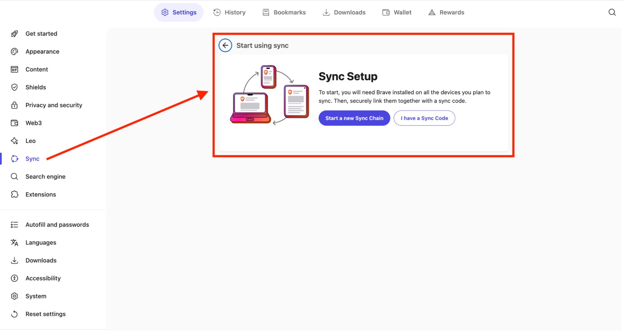 Brave browser sync setup screen showing how to start a new sync chain.