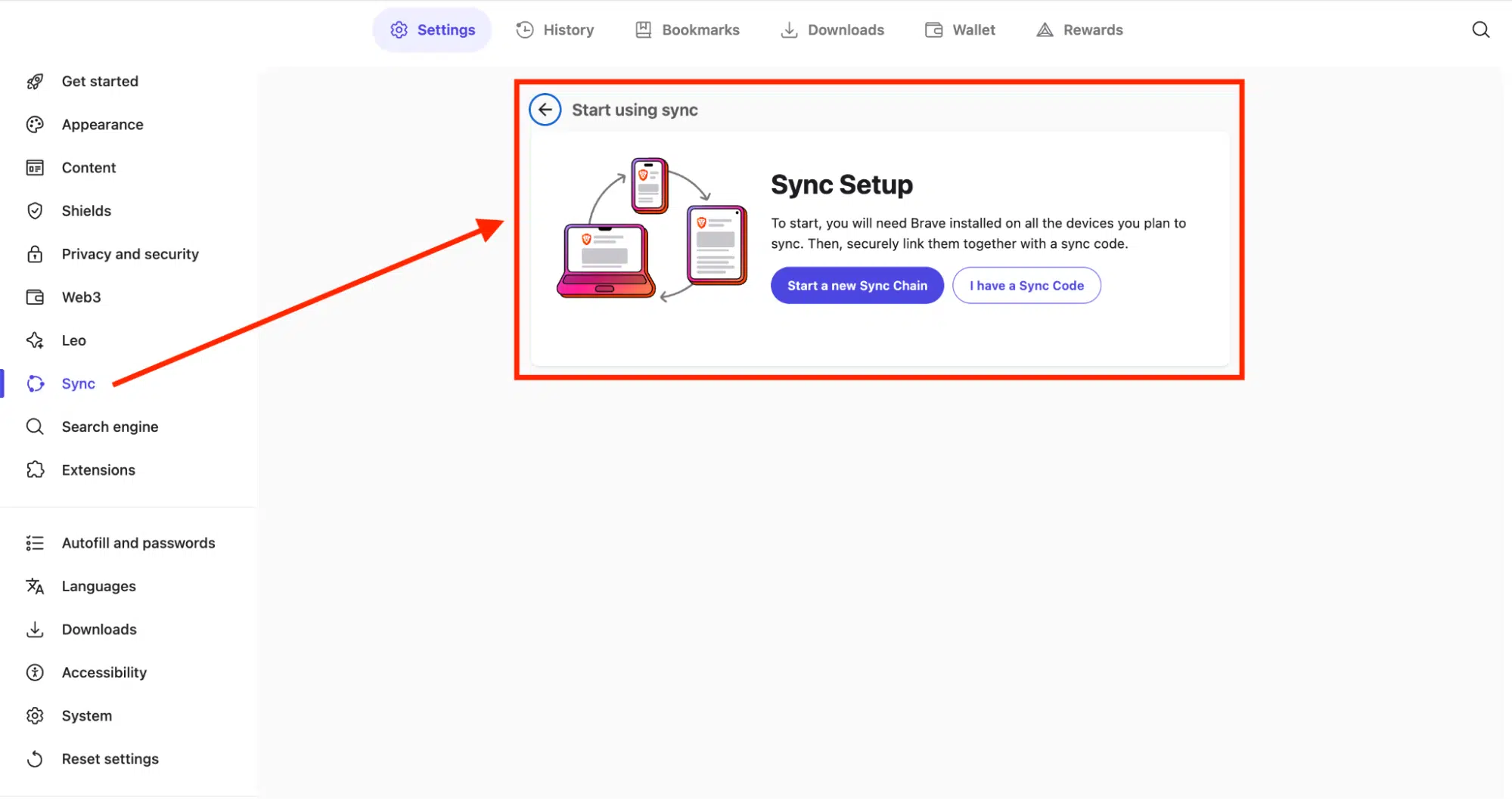 Brave browser sync setup screen showing how to start a new sync chain.