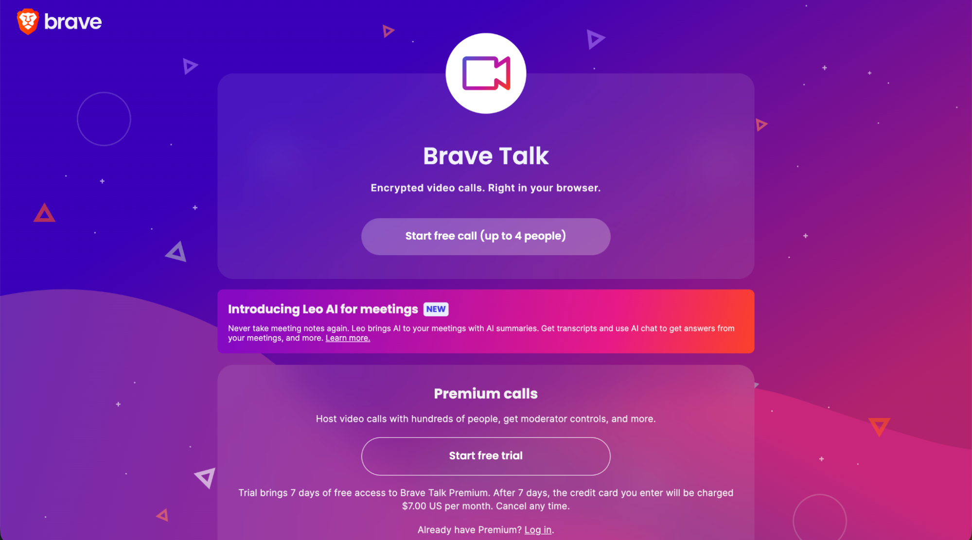 Brave Talk page offering encrypted video calls and AI meeting summaries.