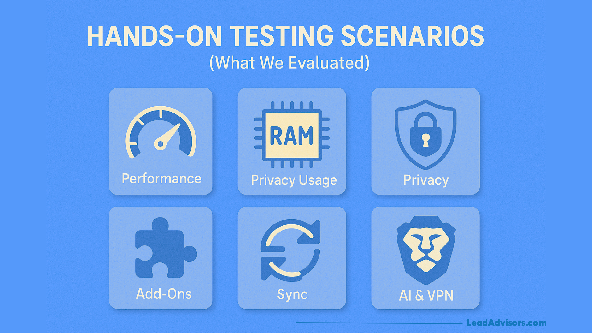 Infographic showing hands-on testing scenarios for browsers including performance, privacy, and AI.