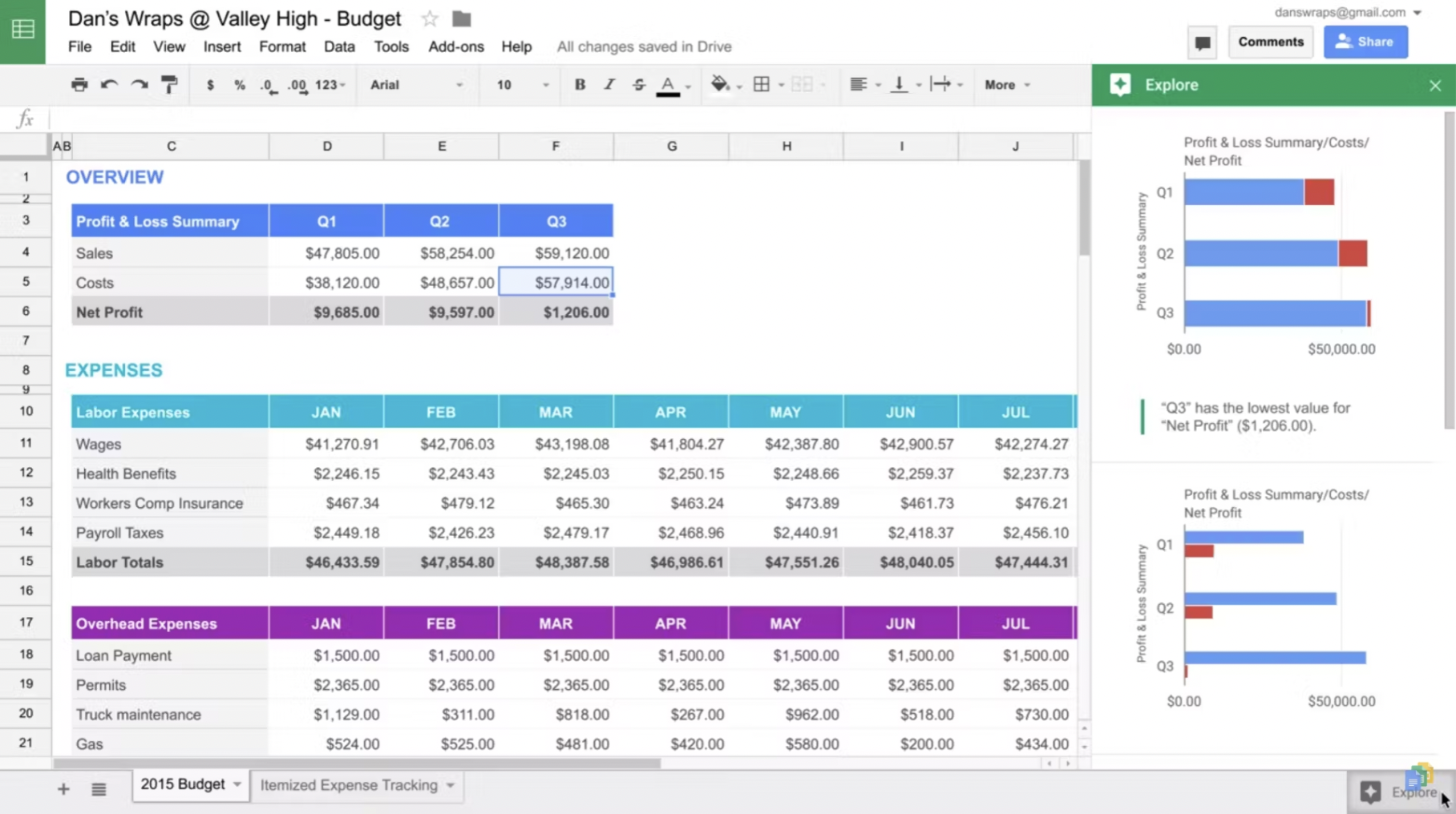 Spreadsheet showing a profit and loss summary and expense tracking with charts in Google Sheets.
