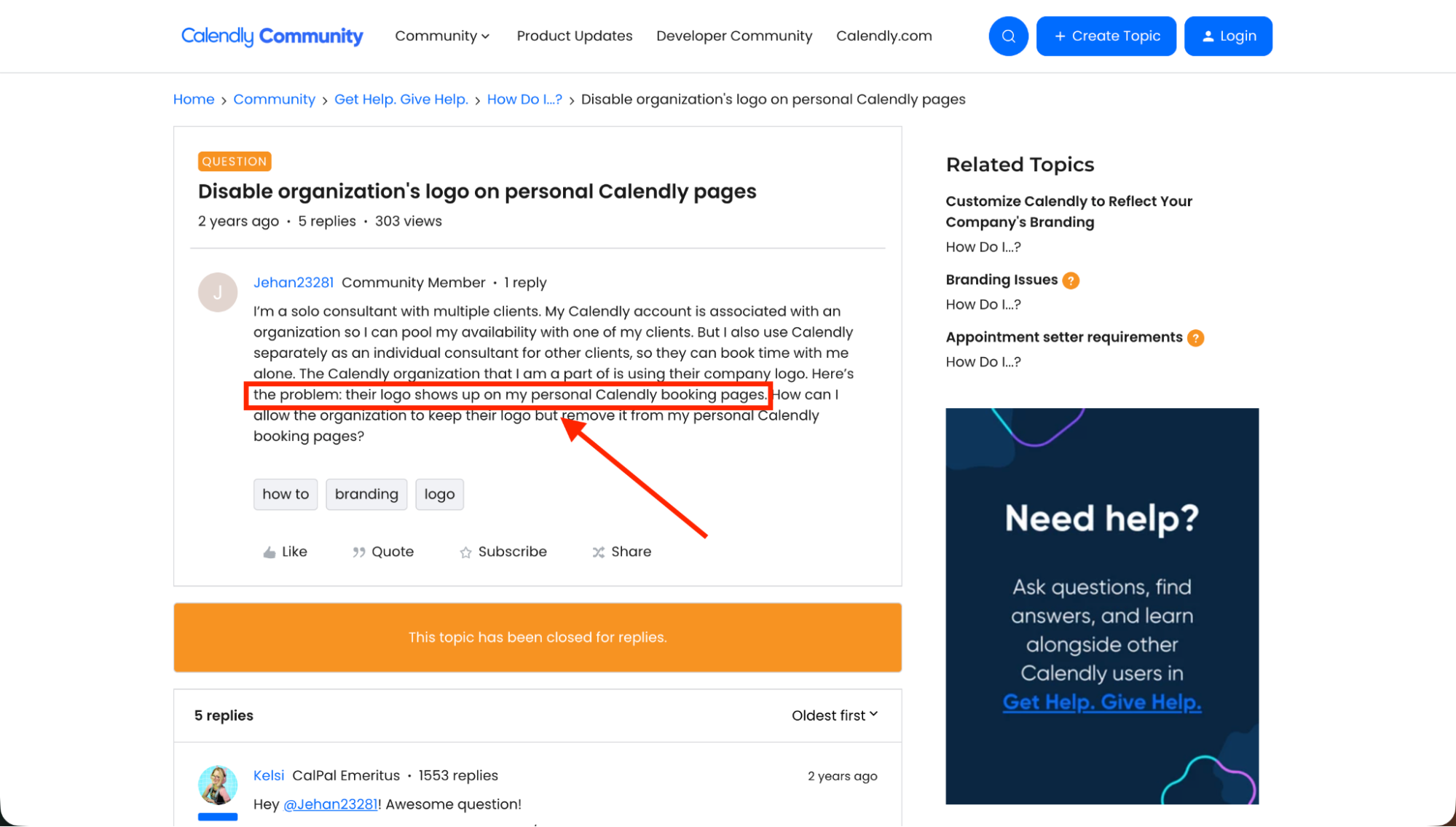 Calendly user forum discussing issues with organizational logo displaying on personal booking pages and branding limitations.