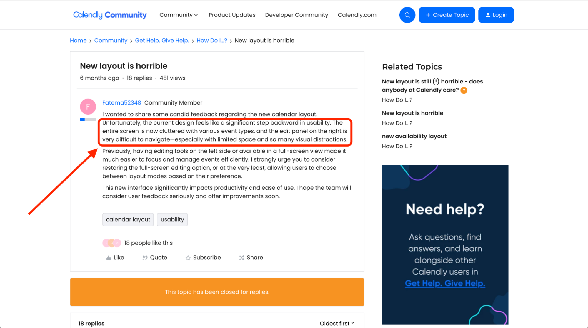 Calendly community feedback discussing user complaints about the new layout design and reduced usability in the calendar editor.
