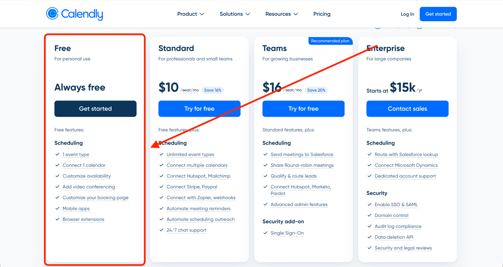 Calendly pricing plans comparison highlighting the free tier features and available scheduling tools for personal and business users.