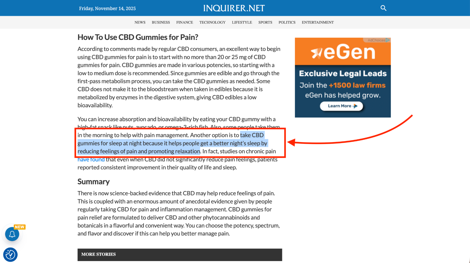Screenshot of an Inquirer.net article explaining how to use CBD gummies for pain, highlighting guidance on daytime and nighttime use.