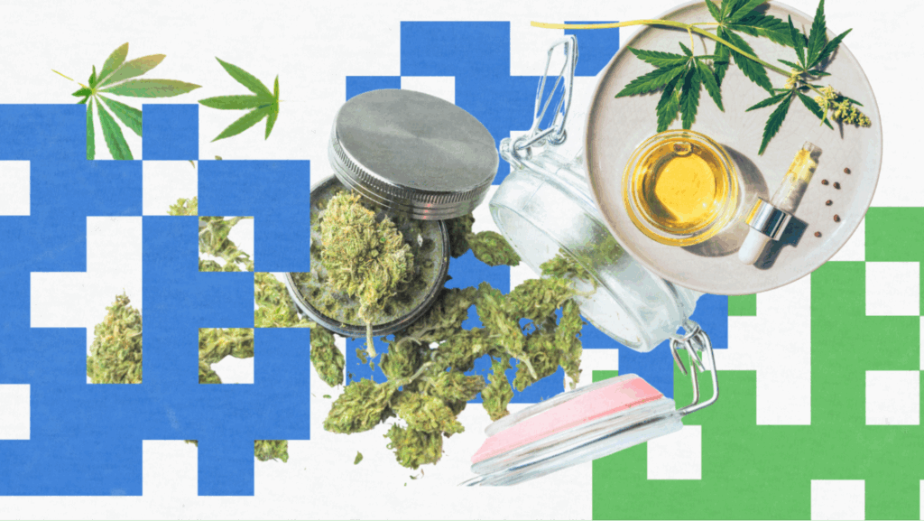 Flat-lay image of CBD buds, oil, and hemp leaves arranged on a plate and table, showcasing common CBD products.