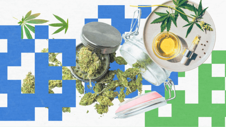 Flat-lay image of CBD buds, oil, and hemp leaves arranged on a plate and table, showcasing common CBD products.