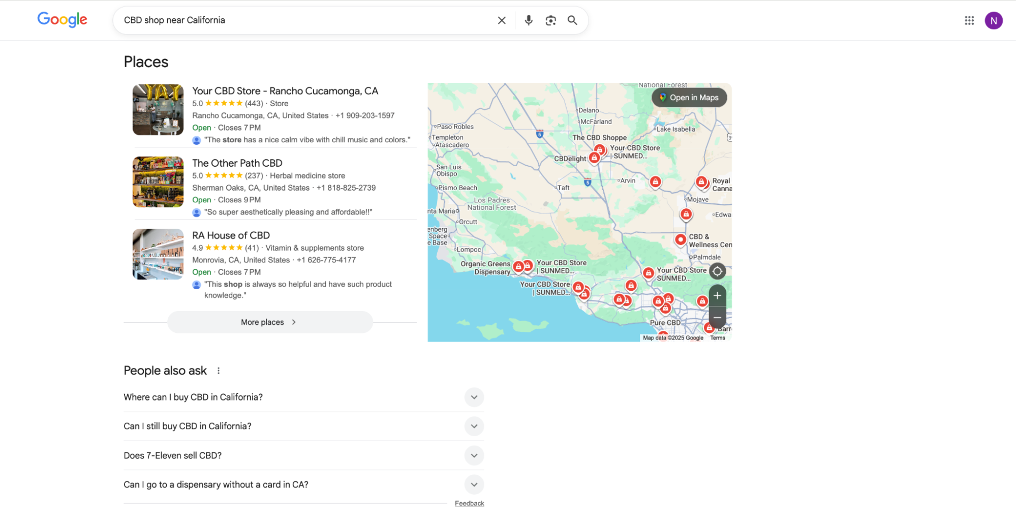Google search results showing a map and listings of CBD shops near California, including store ratings and locations.