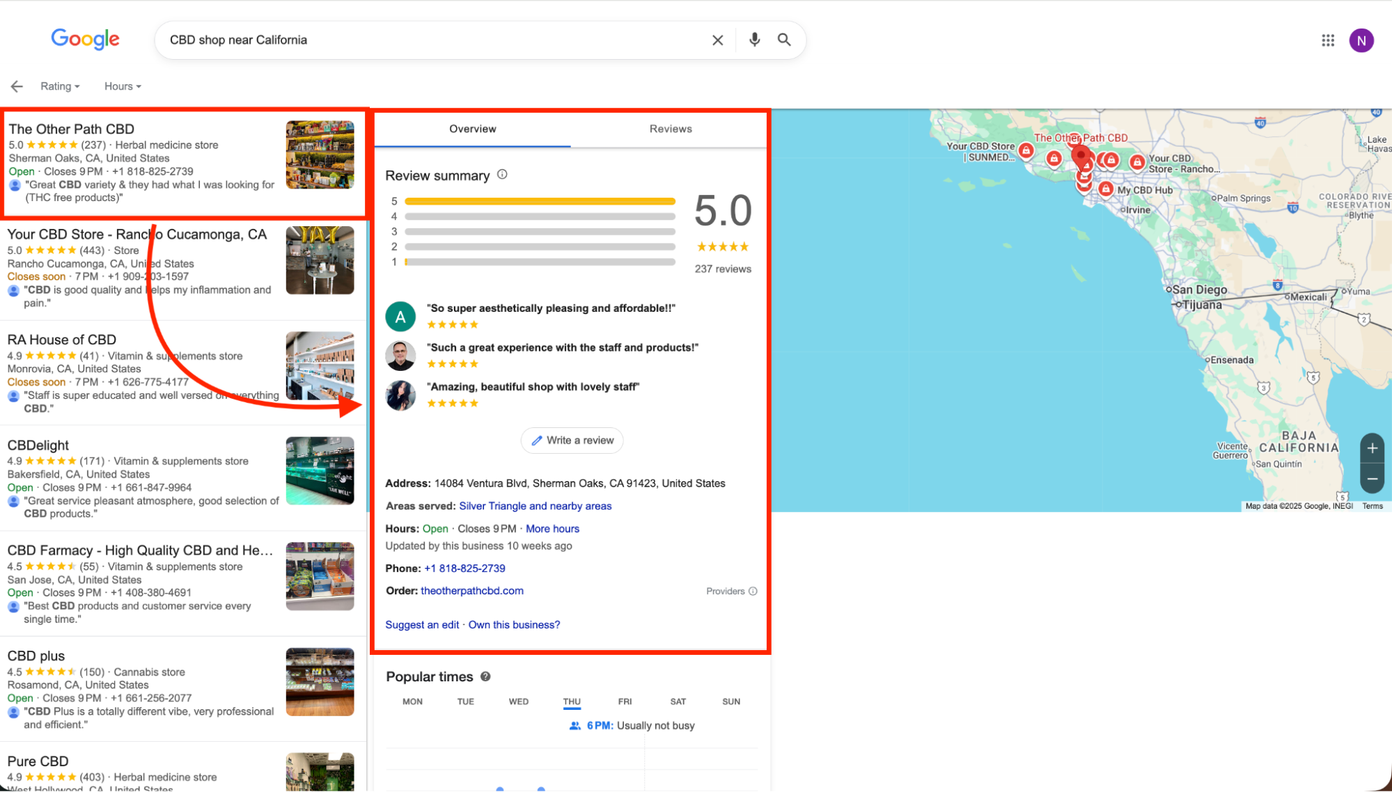 Google Business Profile preview showing reviews and details for CBD stores in California, including ratings and locations.