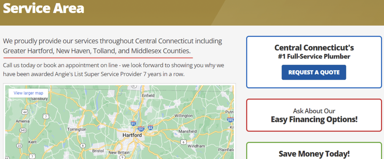 A webpage section outlining a plumbing company’s Connecticut service areas alongside a regional map.