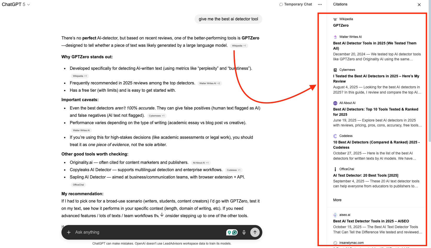 Screenshot of ChatGPT displaying multiple citation sources such as Wikipedia and Cybernews, showing how AI attributes content and validates authority.