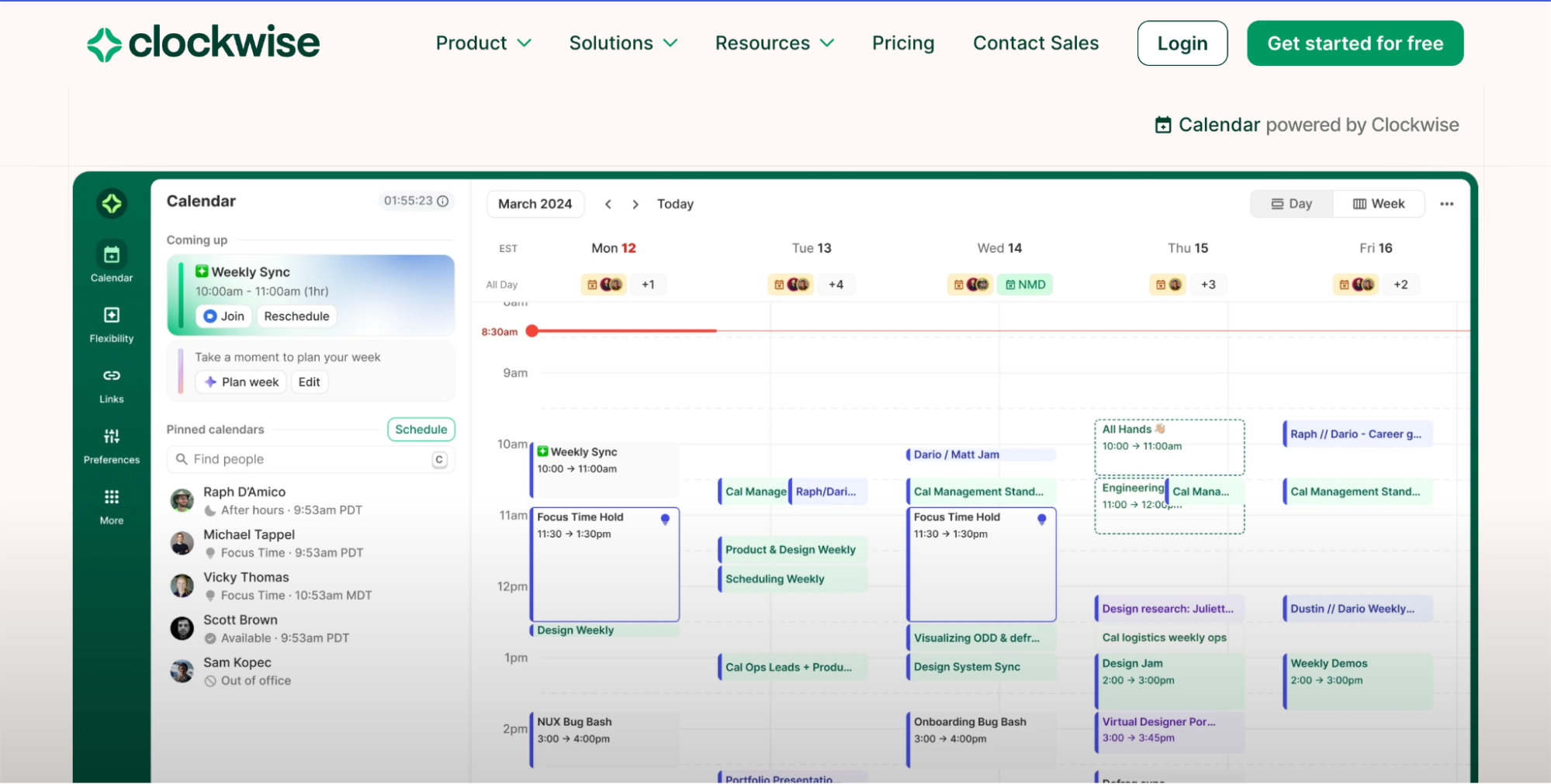 Clockwise intelligent calendar dashboard displaying automated meeting scheduling, focus time allocation, and team availability.
