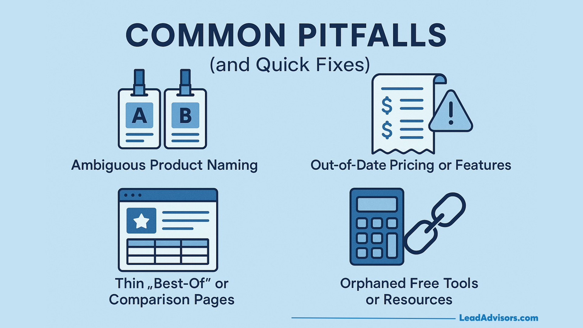Graphic highlighting common citation mistakes—ambiguous product naming, outdated pricing, thin comparison pages, and orphaned tools—with quick fixes.