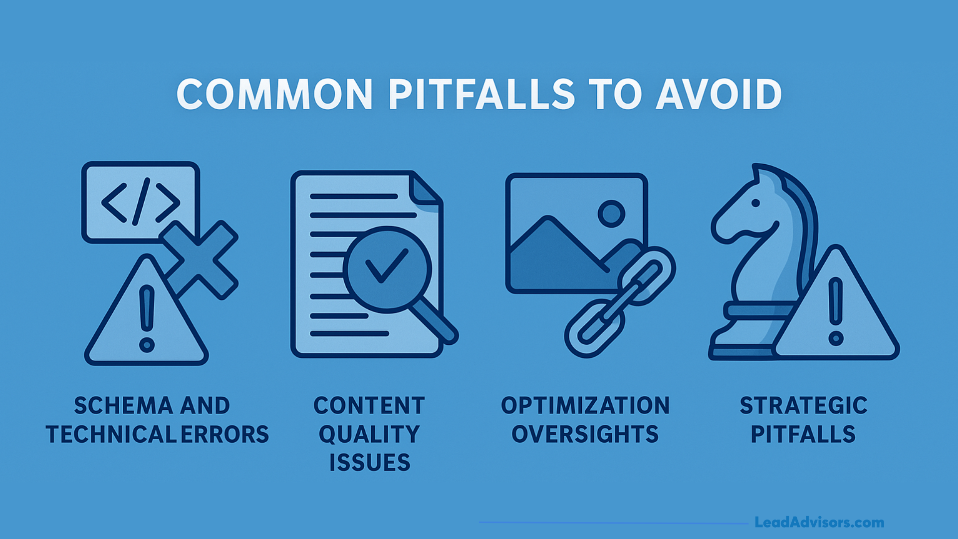 Graphic listing common SEO pitfalls including schema and technical errors, content quality issues, optimization oversights, and strategic pitfalls.
