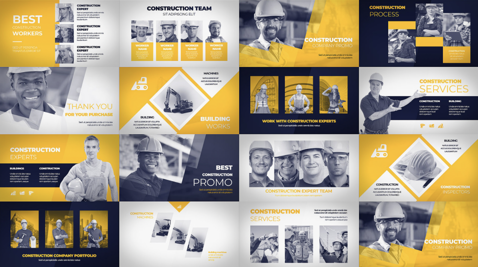 A collage of promotional construction graphics featuring workers, equipment, and service highlights in a yellow and blue theme