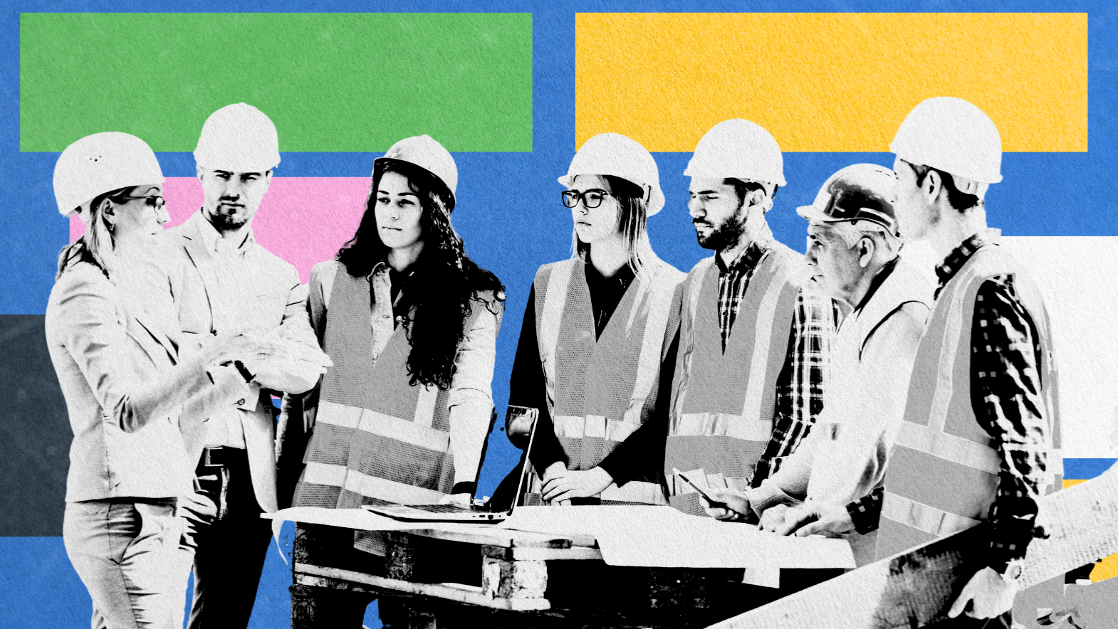 A stylized graphic of construction workers in safety gear reviewing plans at a job site.